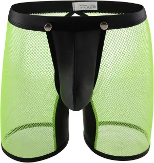 Evankin Men's See Through Sexy Mesh With Faux Leather Loose Shorts Pants Erotic Clubwear Button Removable Pouch