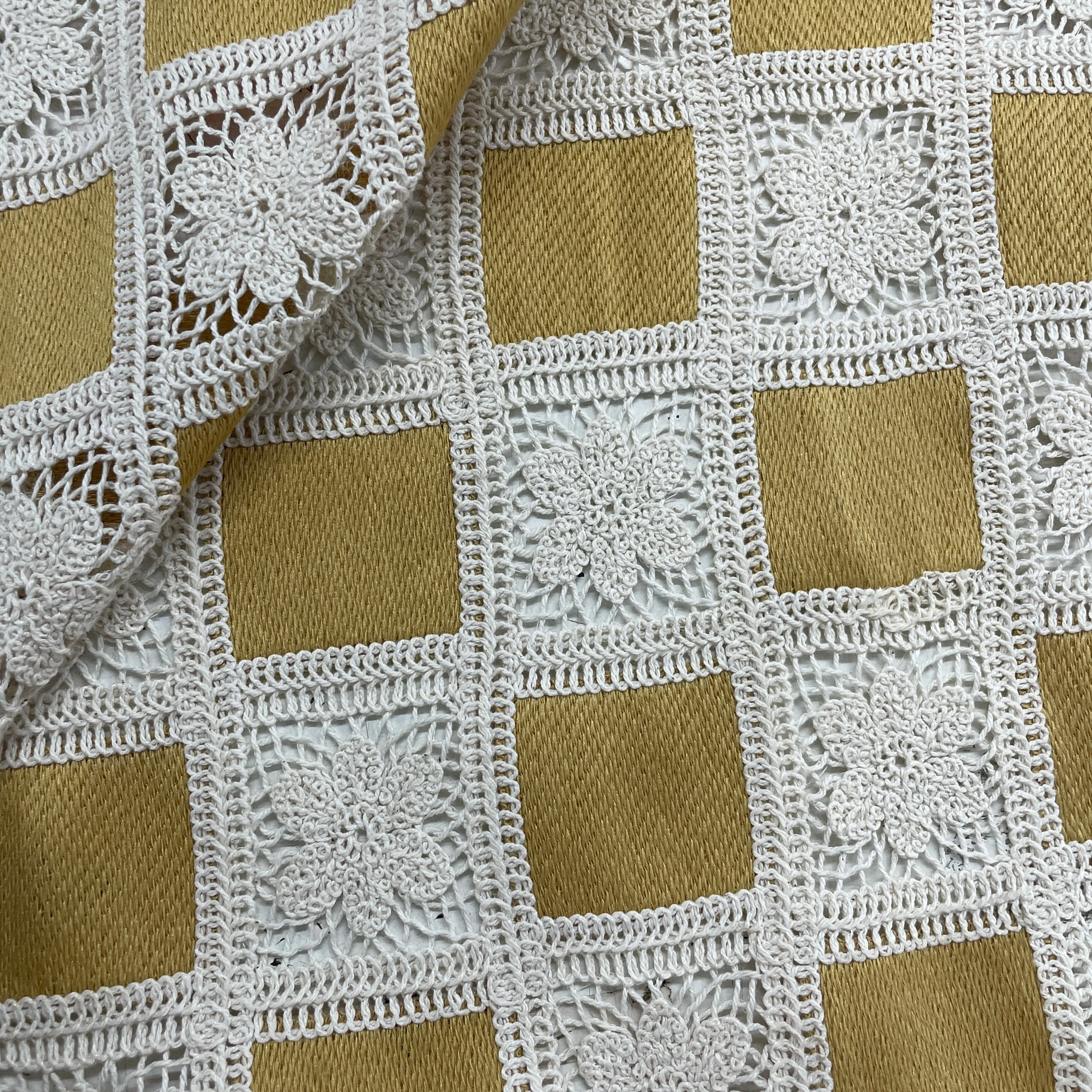 Exclusive Mustard Yellow Sequins Floral Embroidery Crepe Crochet Fabric