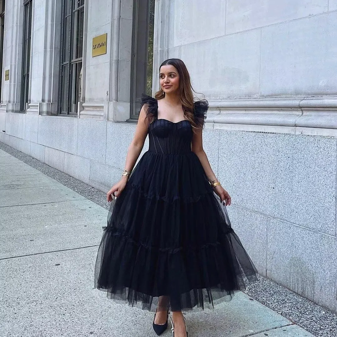 Fivsole Women's Ruffle Sleeve Prom Dress Tulle Long Tea-Length Formal Party Evening Gowns