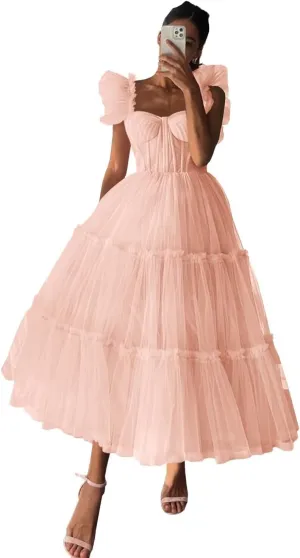 Fivsole Women's Ruffle Sleeve Prom Dress Tulle Long Tea-Length Formal Party Evening Gowns