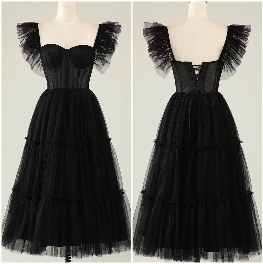 Fivsole Women's Ruffle Sleeve Prom Dress Tulle Long Tea-Length Formal Party Evening Gowns