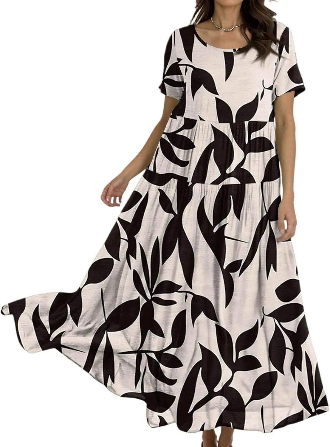 Floral Dress for Women Casual Loose Bohemian Tiered Swing Long Maxi Dresses Short Sleeve Summer Beach Sundress