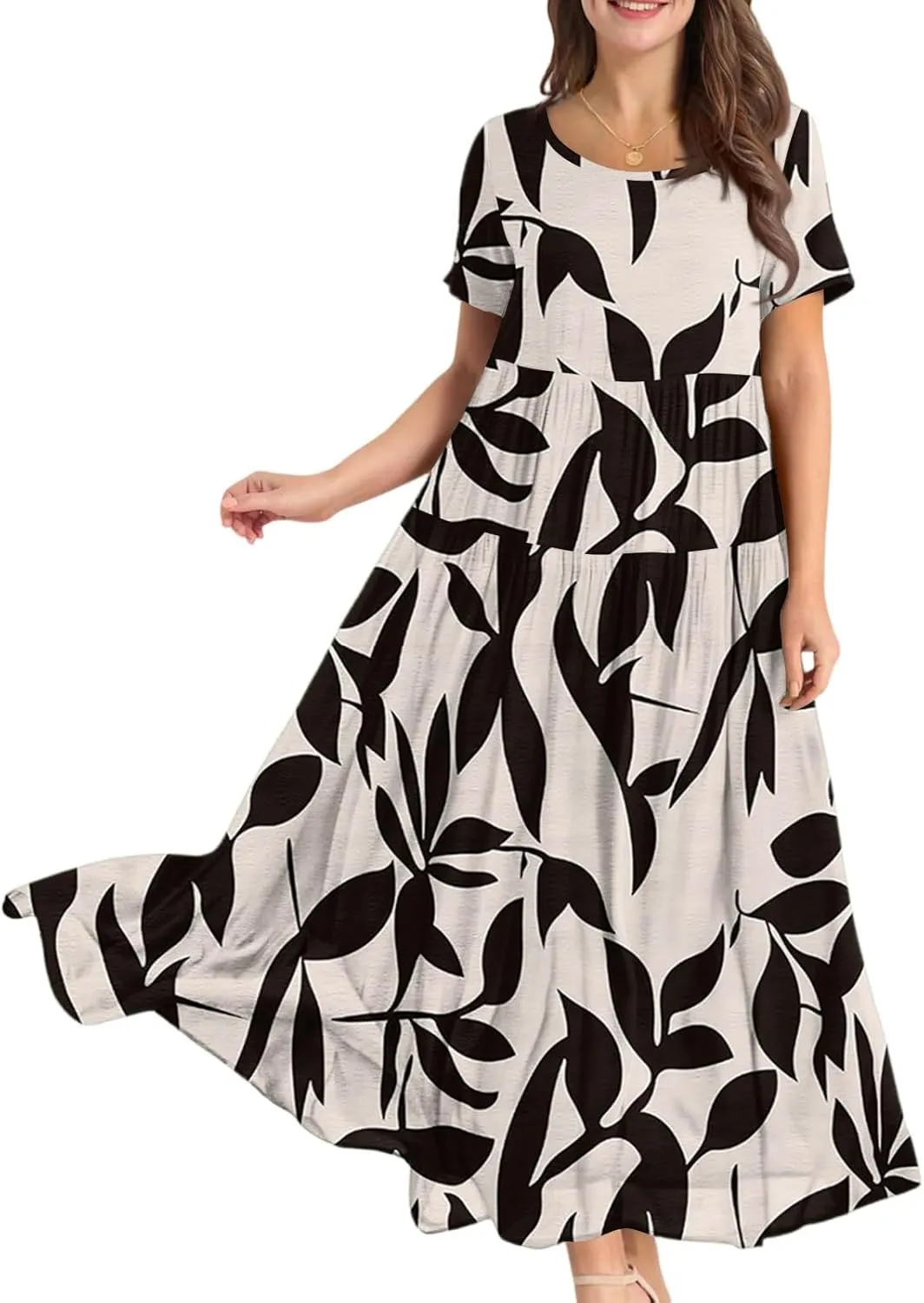 Floral Dress for Women Casual Loose Bohemian Tiered Swing Long Maxi Dresses Short Sleeve Summer Beach Sundress