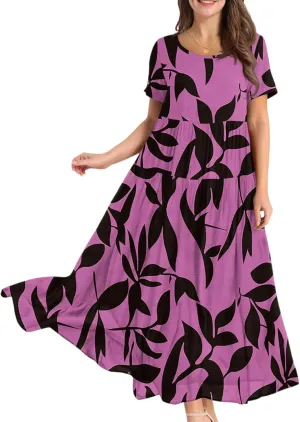 Floral Dress for Women Casual Loose Bohemian Tiered Swing Long Maxi Dresses Short Sleeve Summer Beach Sundress