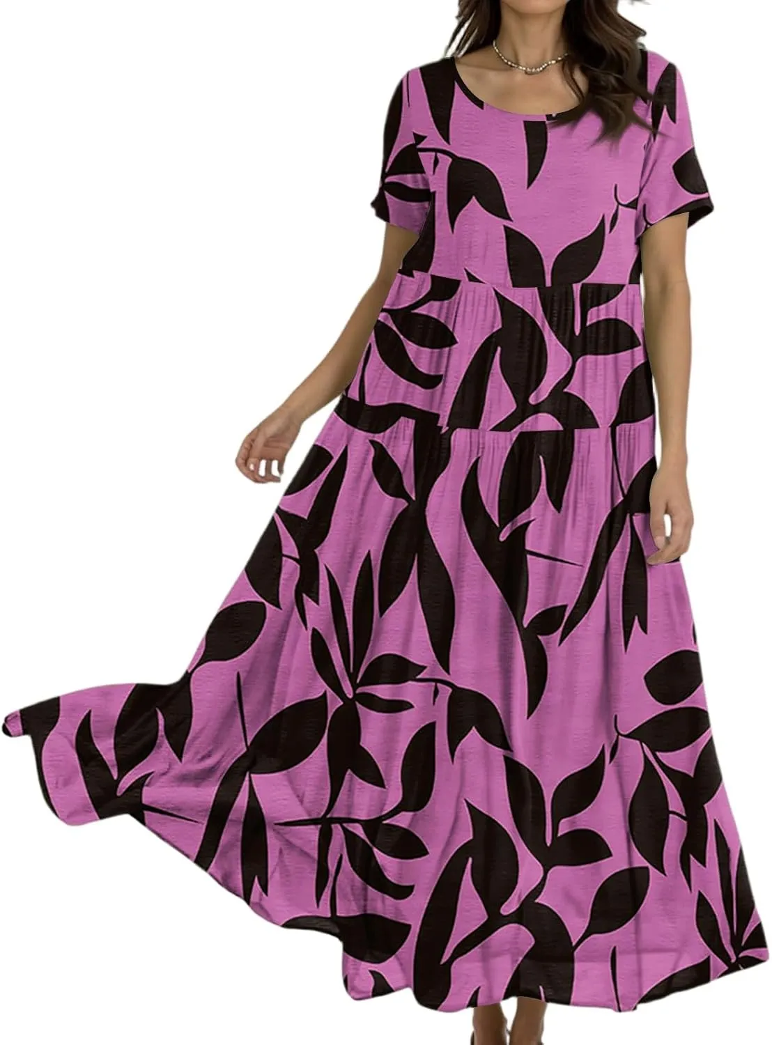 Floral Dress for Women Casual Loose Bohemian Tiered Swing Long Maxi Dresses Short Sleeve Summer Beach Sundress