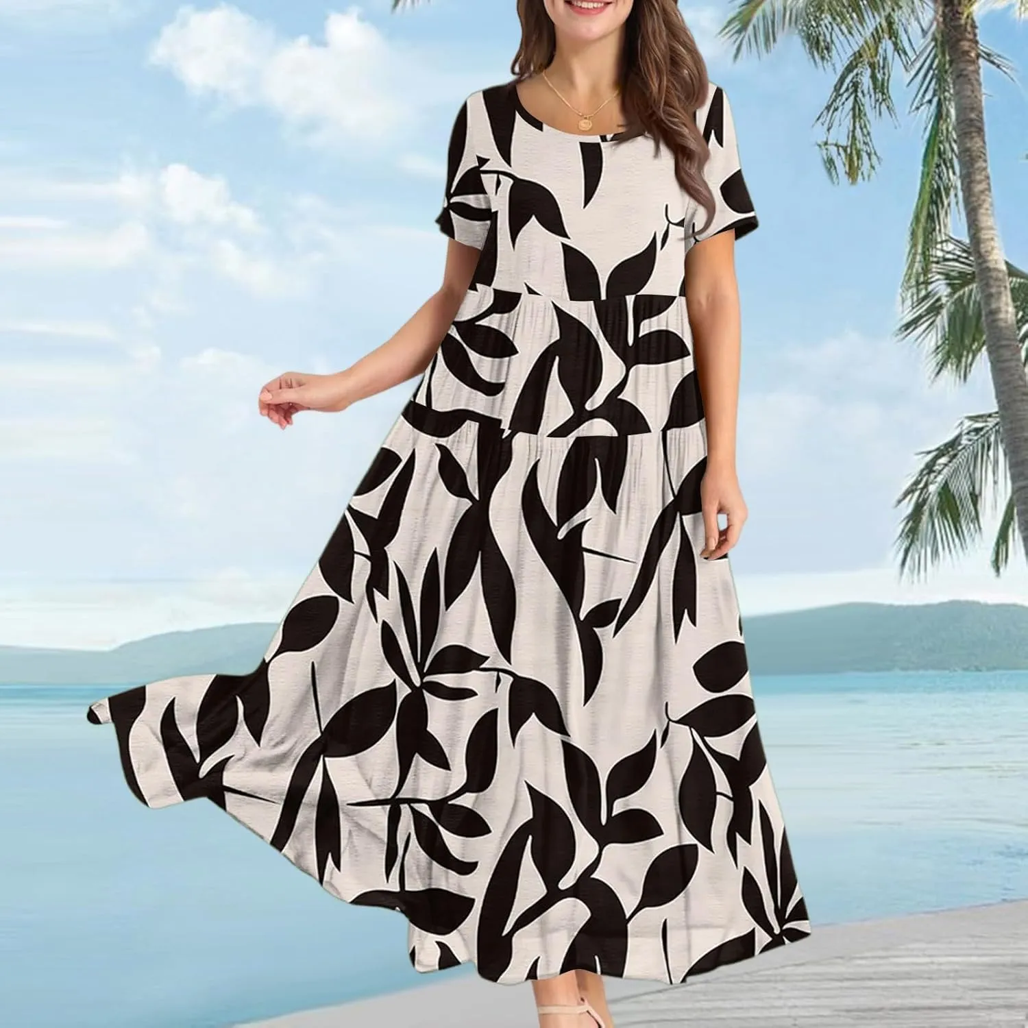 Floral Dress for Women Casual Loose Bohemian Tiered Swing Long Maxi Dresses Short Sleeve Summer Beach Sundress