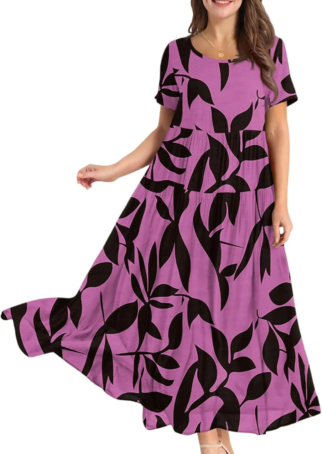Floral Dress for Women Casual Loose Bohemian Tiered Swing Long Maxi Dresses Short Sleeve Summer Beach Sundress