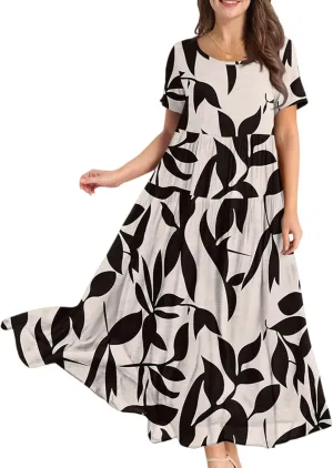 Floral Dress for Women Casual Loose Bohemian Tiered Swing Long Maxi Dresses Short Sleeve Summer Beach Sundress
