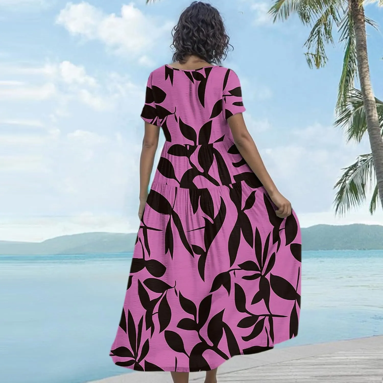 Floral Dress for Women Casual Loose Bohemian Tiered Swing Long Maxi Dresses Short Sleeve Summer Beach Sundress