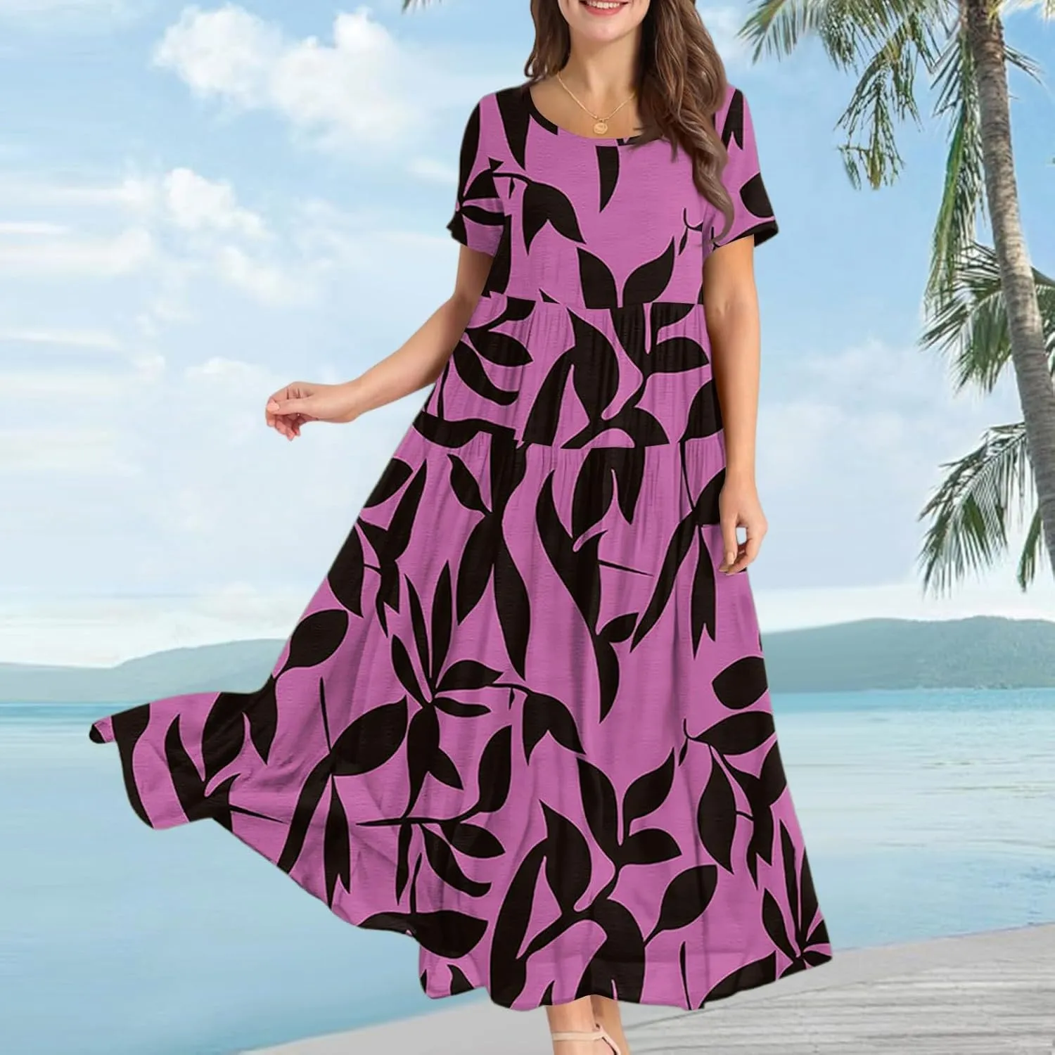 Floral Dress for Women Casual Loose Bohemian Tiered Swing Long Maxi Dresses Short Sleeve Summer Beach Sundress