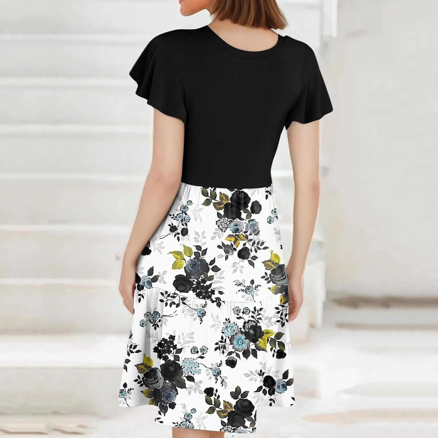 Floral Dress for Women Crewneck Ruffle Short Sleeve Patchwork Dresses Mini Tiered Summer Casual Beach Vacation Dress