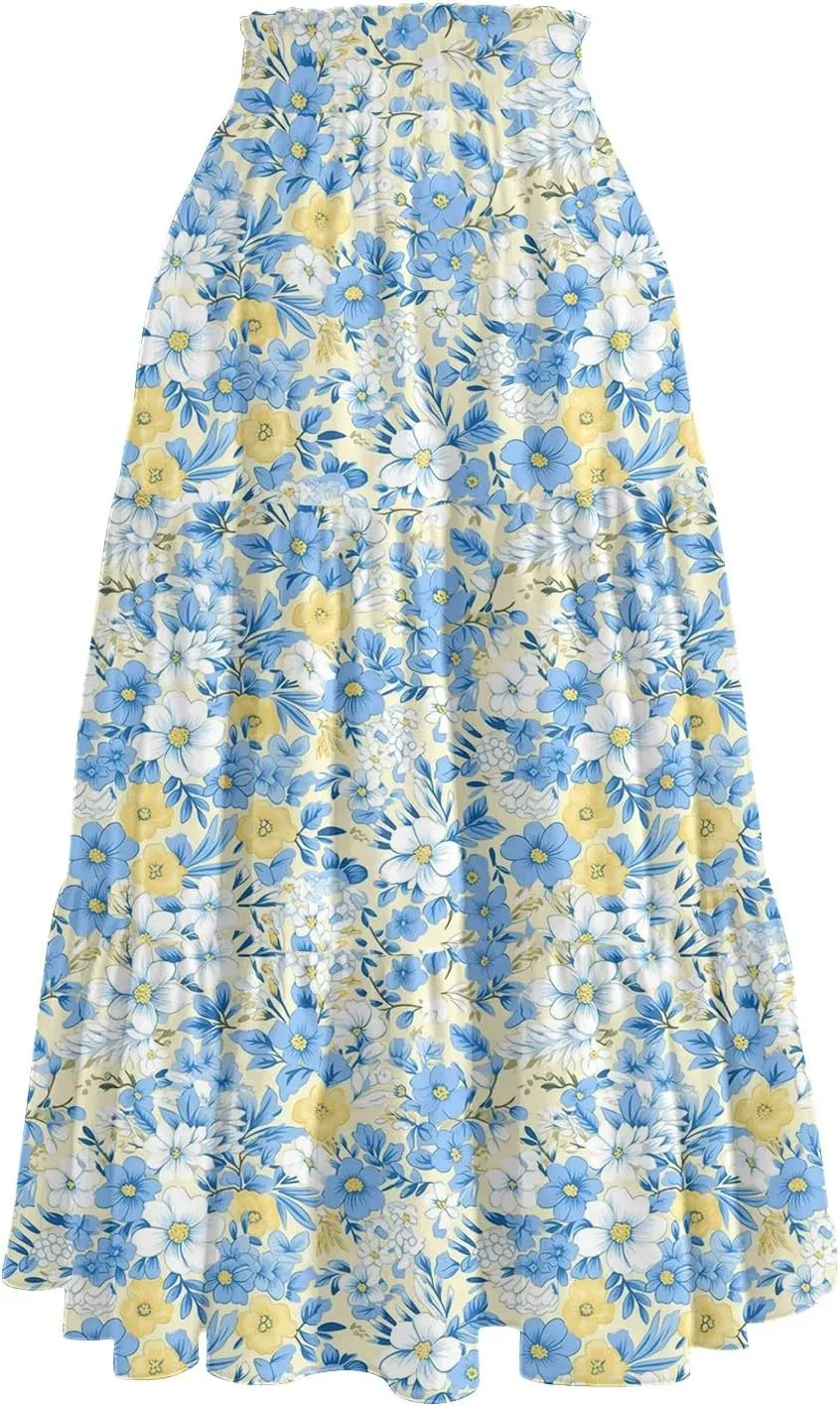 Floral Midi Skirt for Women Summer Comfy Tiered Elastic High Waisted Vacation A-Line Flowy Swing Long