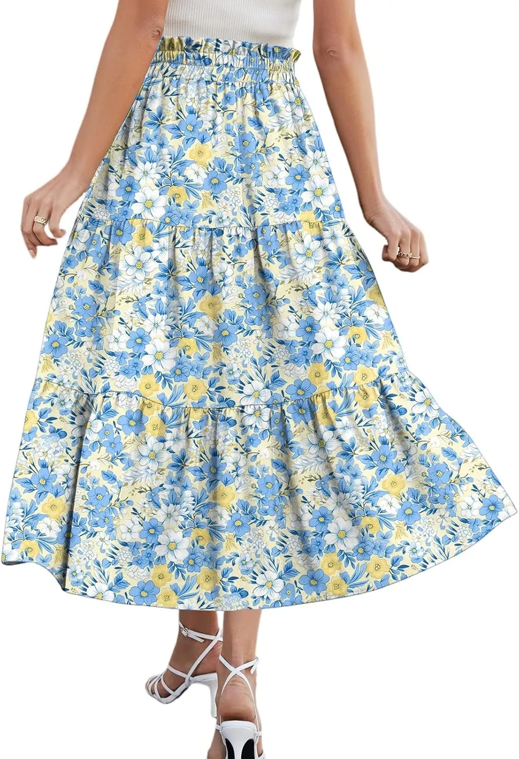 Floral Midi Skirt for Women Summer Comfy Tiered Elastic High Waisted Vacation A-Line Flowy Swing Long
