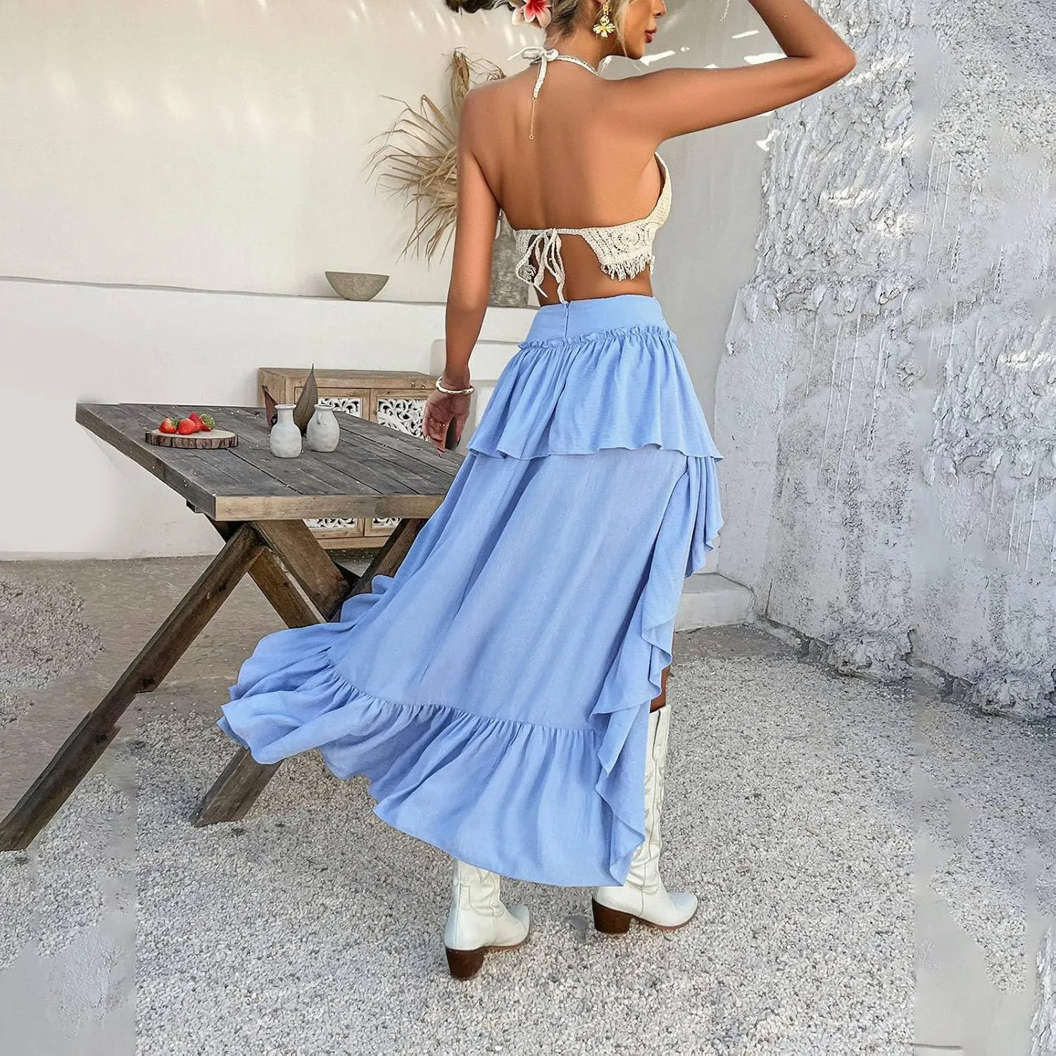 Flowy Boho Skirts for Women High-Low Hem Patchwork Elastic High Waisted Pleated Ruffle Hem Beach Long Maxi Skirt