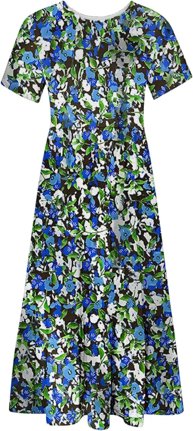 Flowy Dresses for Women Cute Flower Graphic Print Midi Dress Loose Fashion Casual Beach Dresses with Pockets