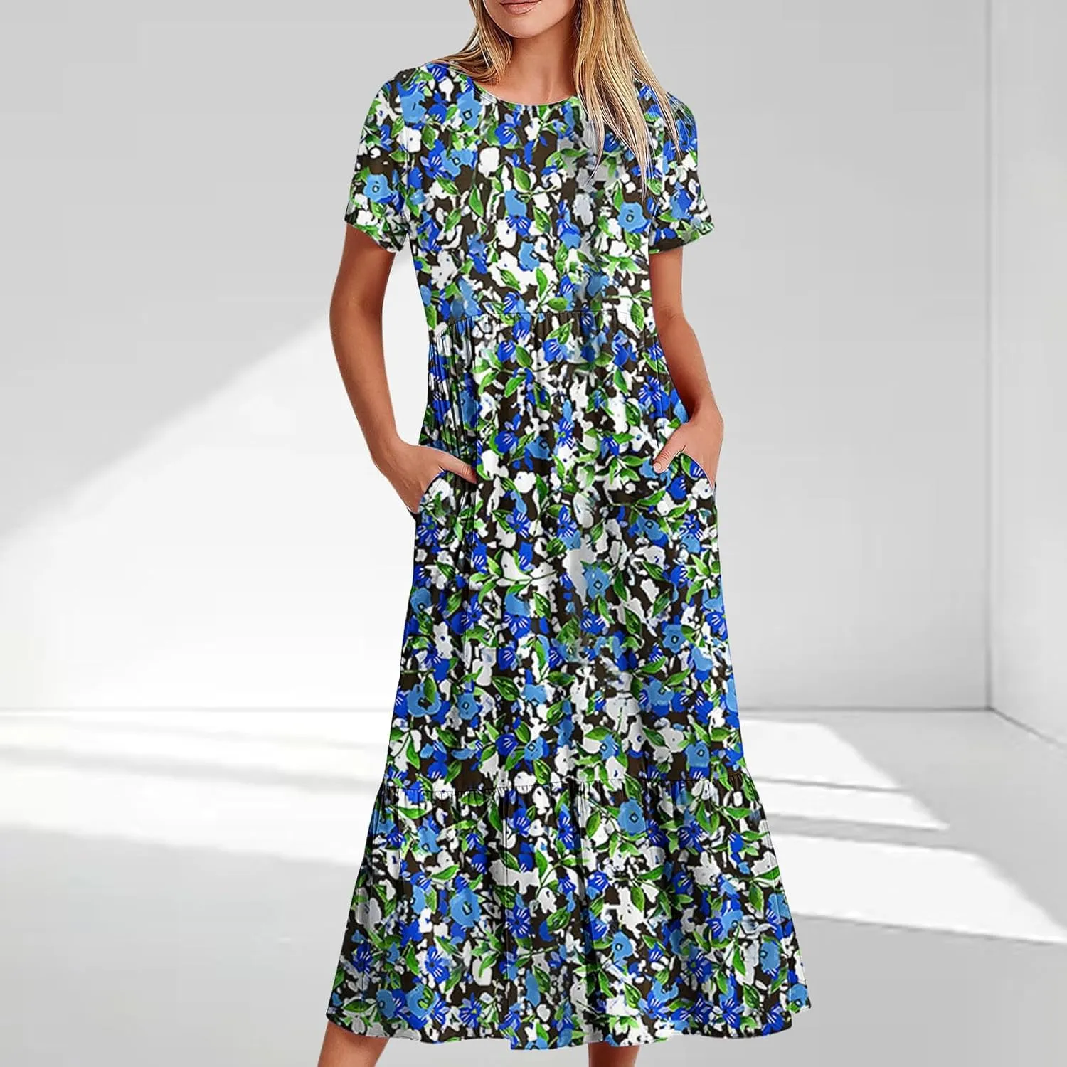 Flowy Dresses for Women Cute Flower Graphic Print Midi Dress Loose Fashion Casual Beach Dresses with Pockets