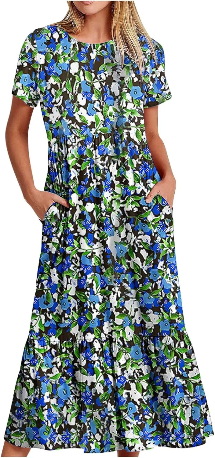 Flowy Dresses for Women Cute Flower Graphic Print Midi Dress Loose Fashion Casual Beach Dresses with Pockets