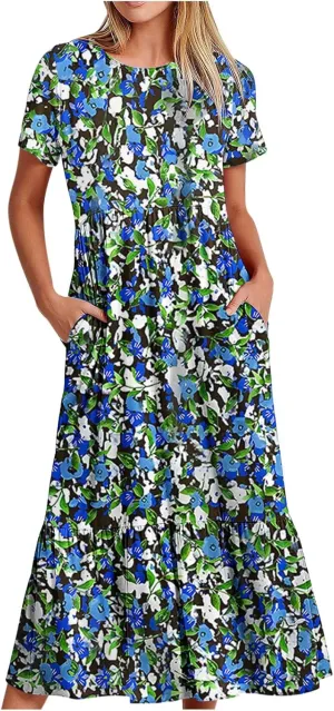 Flowy Dresses for Women Cute Flower Graphic Print Midi Dress Loose Fashion Casual Beach Dresses with Pockets