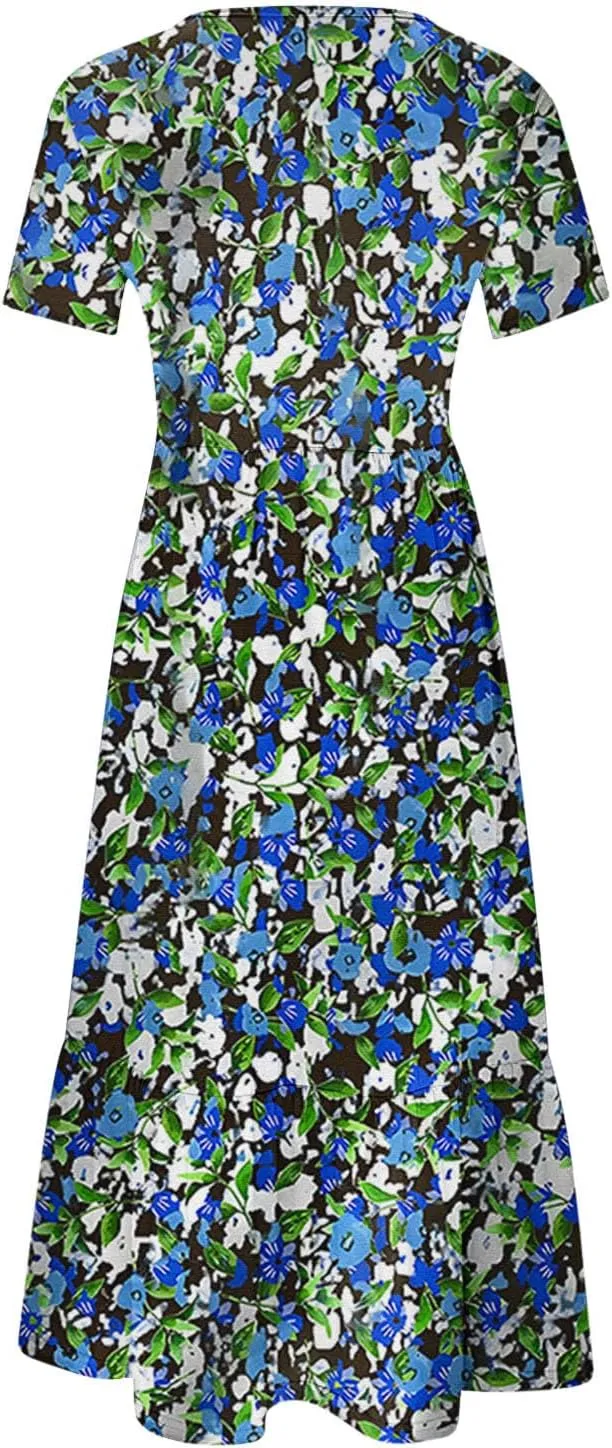Flowy Dresses for Women Cute Flower Graphic Print Midi Dress Loose Fashion Casual Beach Dresses with Pockets