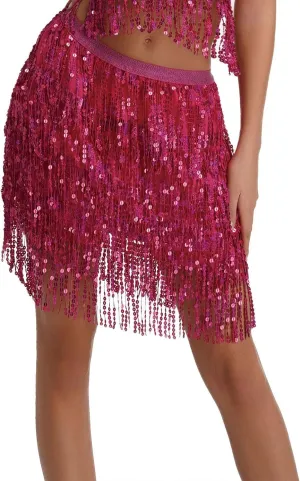 Fringe Skirts for Women Trendy Hip Scarf Tassel Elastic High Waisted Festival Sparkly Belly Dance Mini Sequin Skirt
