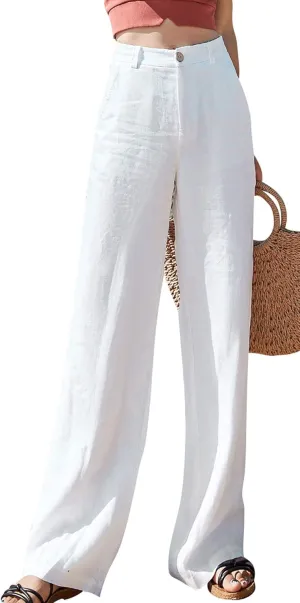 GGUHHU Women's Loose Fit Stretched High Waist Cotton Linen Wide Leg Long Beach Pants