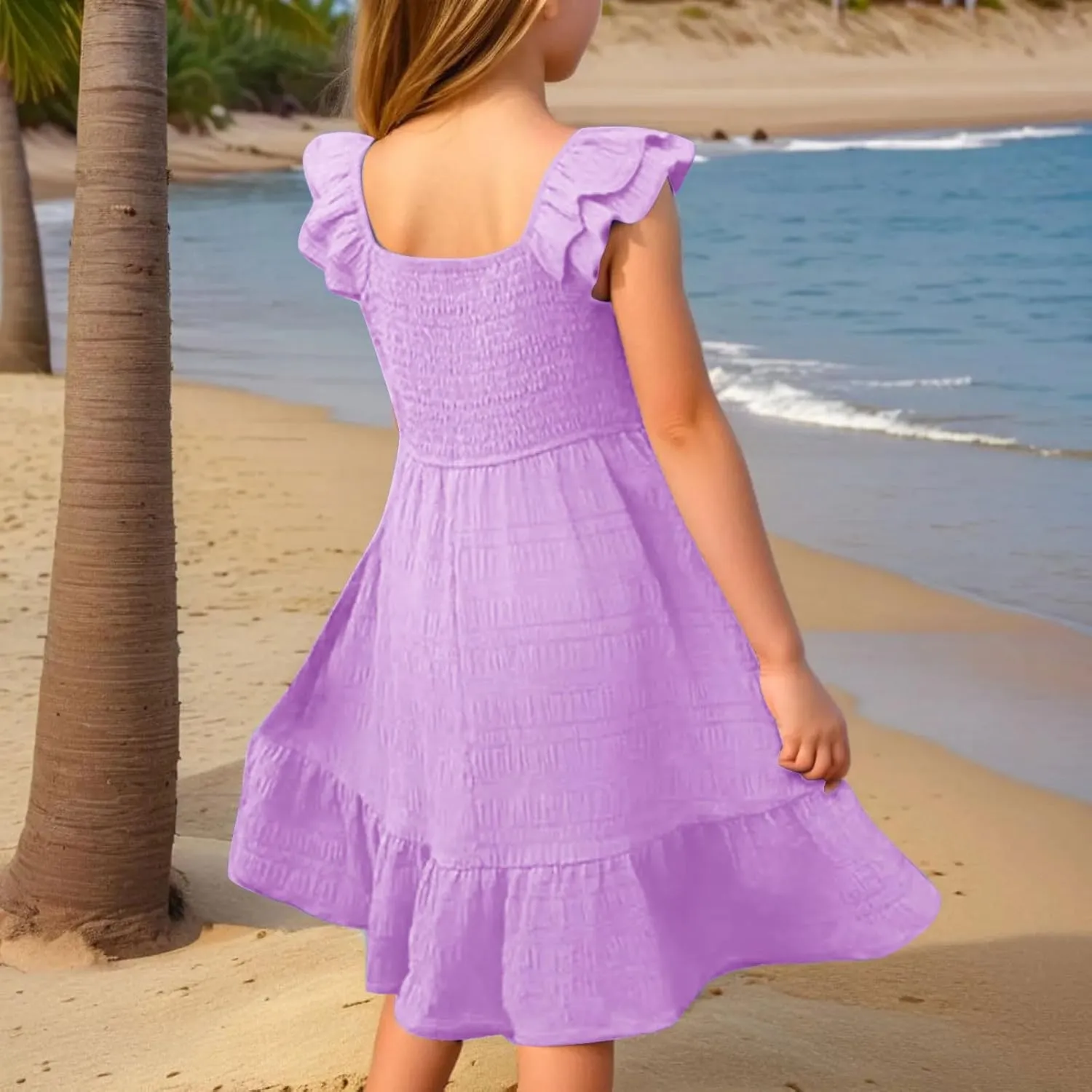 Girl's 2025 Summer Dresses Smocked Flutter Sleeve a Line Sundresses Swing Mini Casual Party Dresses Size 3-14 Years