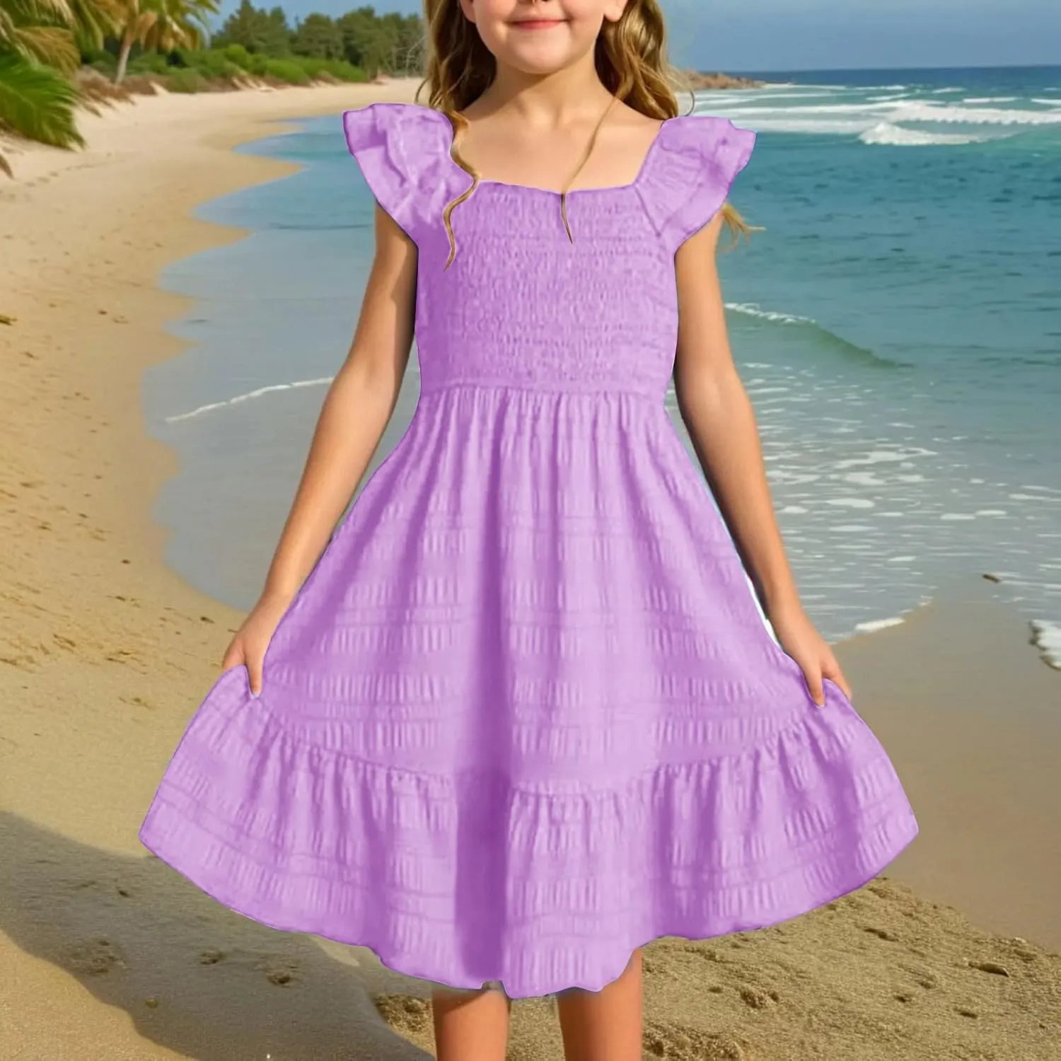 Girl's 2025 Summer Dresses Smocked Flutter Sleeve a Line Sundresses Swing Mini Casual Party Dresses Size 3-14 Years