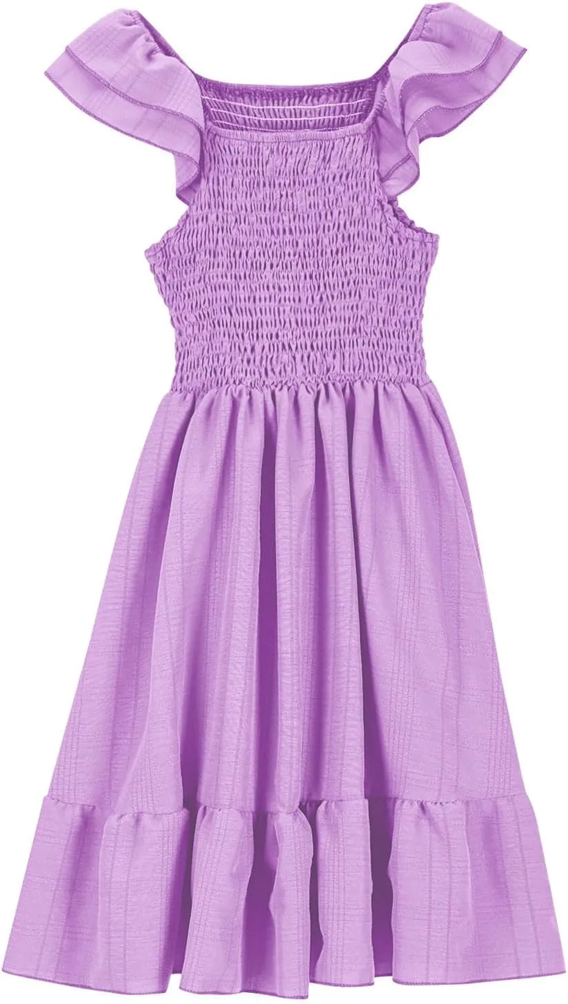 Girl's 2025 Summer Dresses Smocked Flutter Sleeve a Line Sundresses Swing Mini Casual Party Dresses Size 3-14 Years