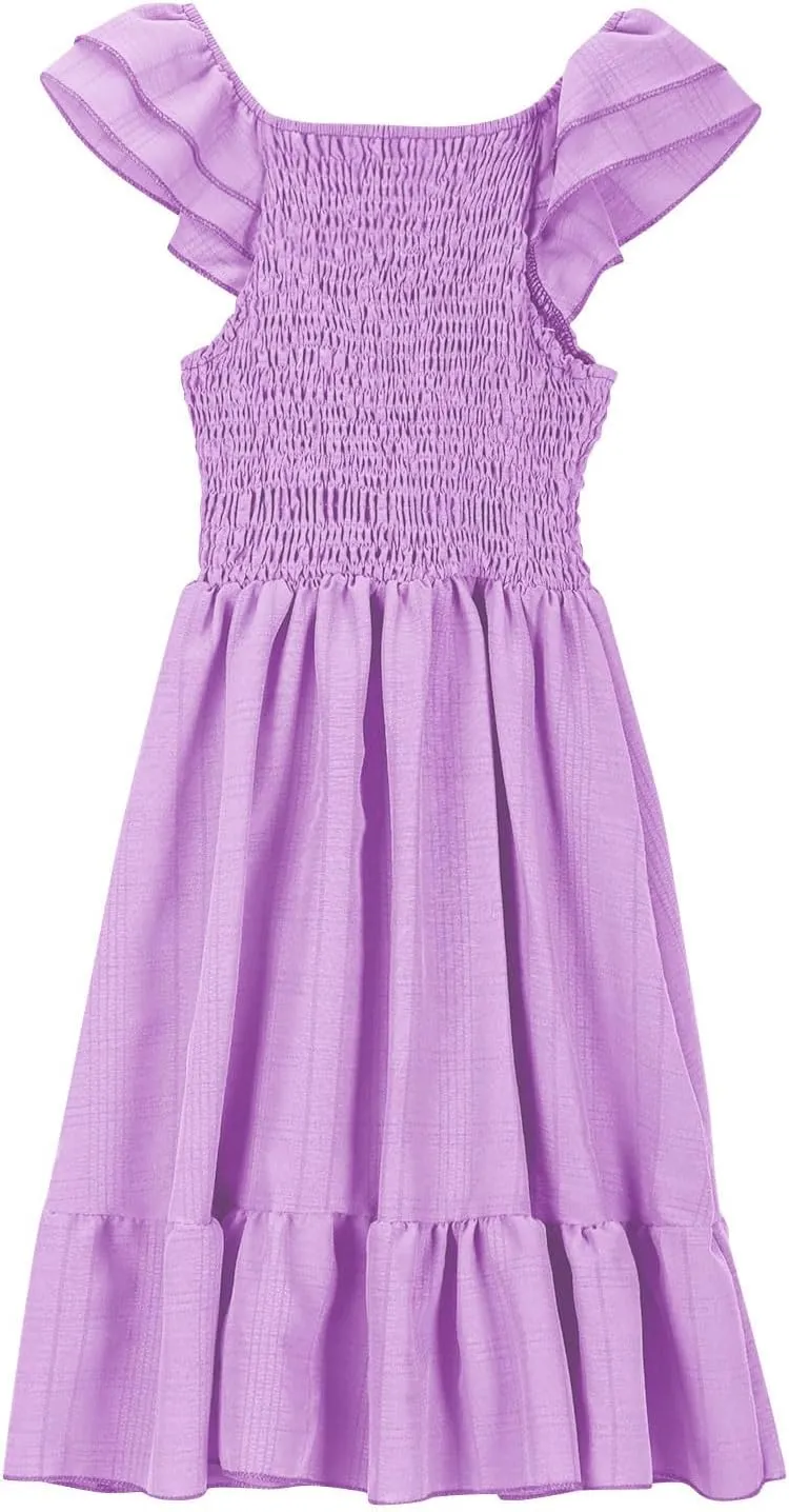 Girl's 2025 Summer Dresses Smocked Flutter Sleeve a Line Sundresses Swing Mini Casual Party Dresses Size 3-14 Years