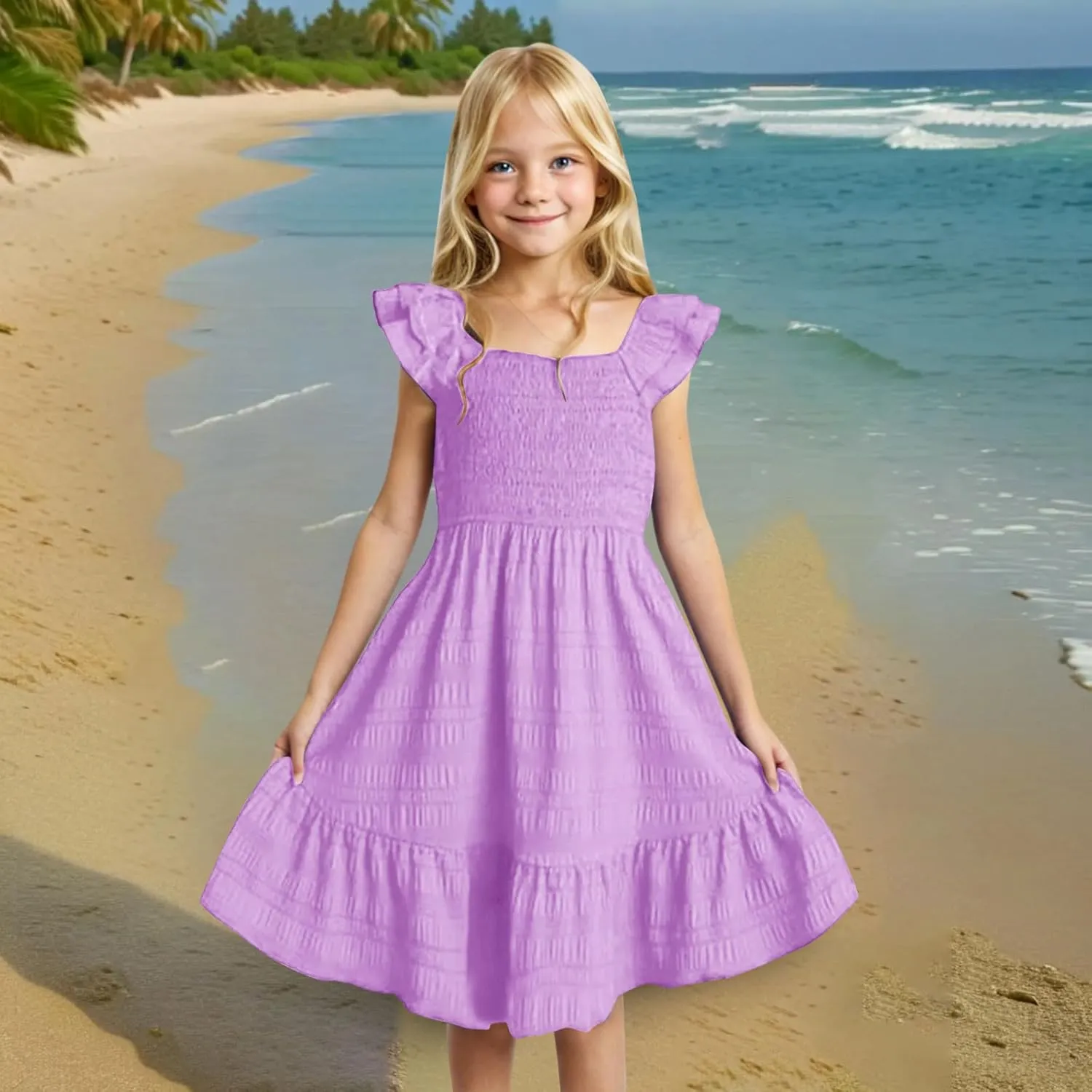 Girl's 2025 Summer Dresses Smocked Flutter Sleeve a Line Sundresses Swing Mini Casual Party Dresses Size 3-14 Years