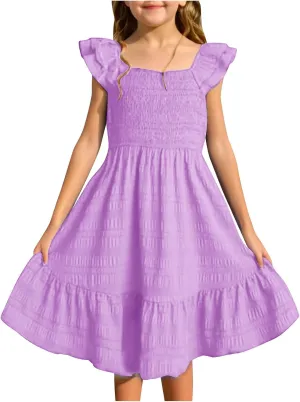 Girl's 2025 Summer Dresses Smocked Flutter Sleeve a Line Sundresses Swing Mini Casual Party Dresses Size 3-14 Years