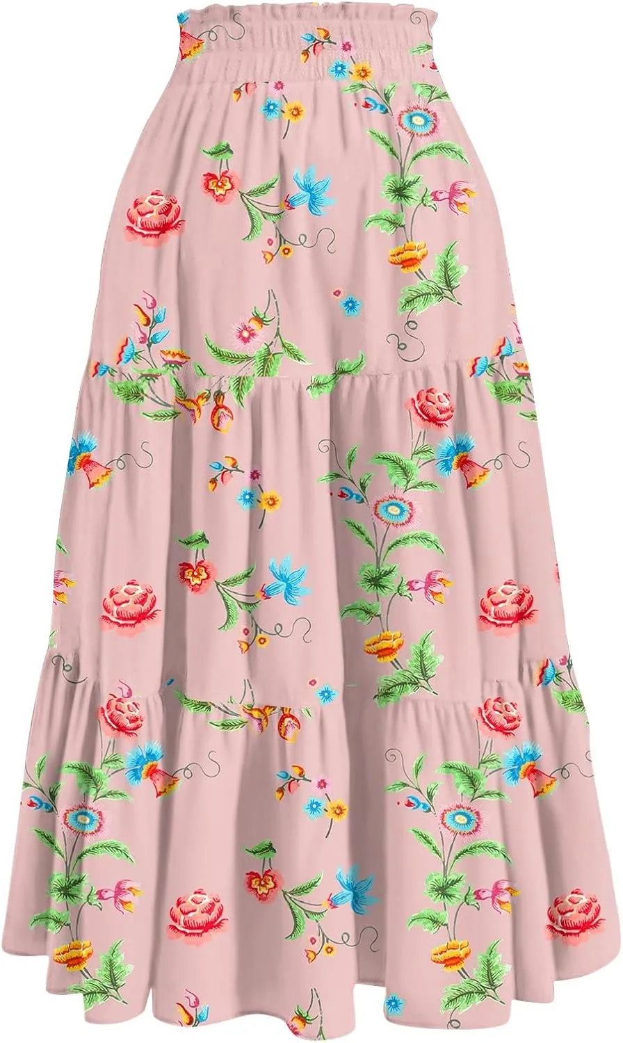 GOFULY Womens Maxi Skirts Long Summer Drawstring Elastic High Waist Cute Skirts A Line Floral Print Pleated Tiered Soft Skirt
