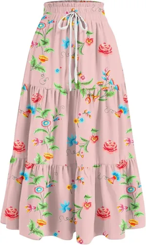 GOFULY Womens Maxi Skirts Long Summer Drawstring Elastic High Waist Cute Skirts A Line Floral Print Pleated Tiered Soft Skirt