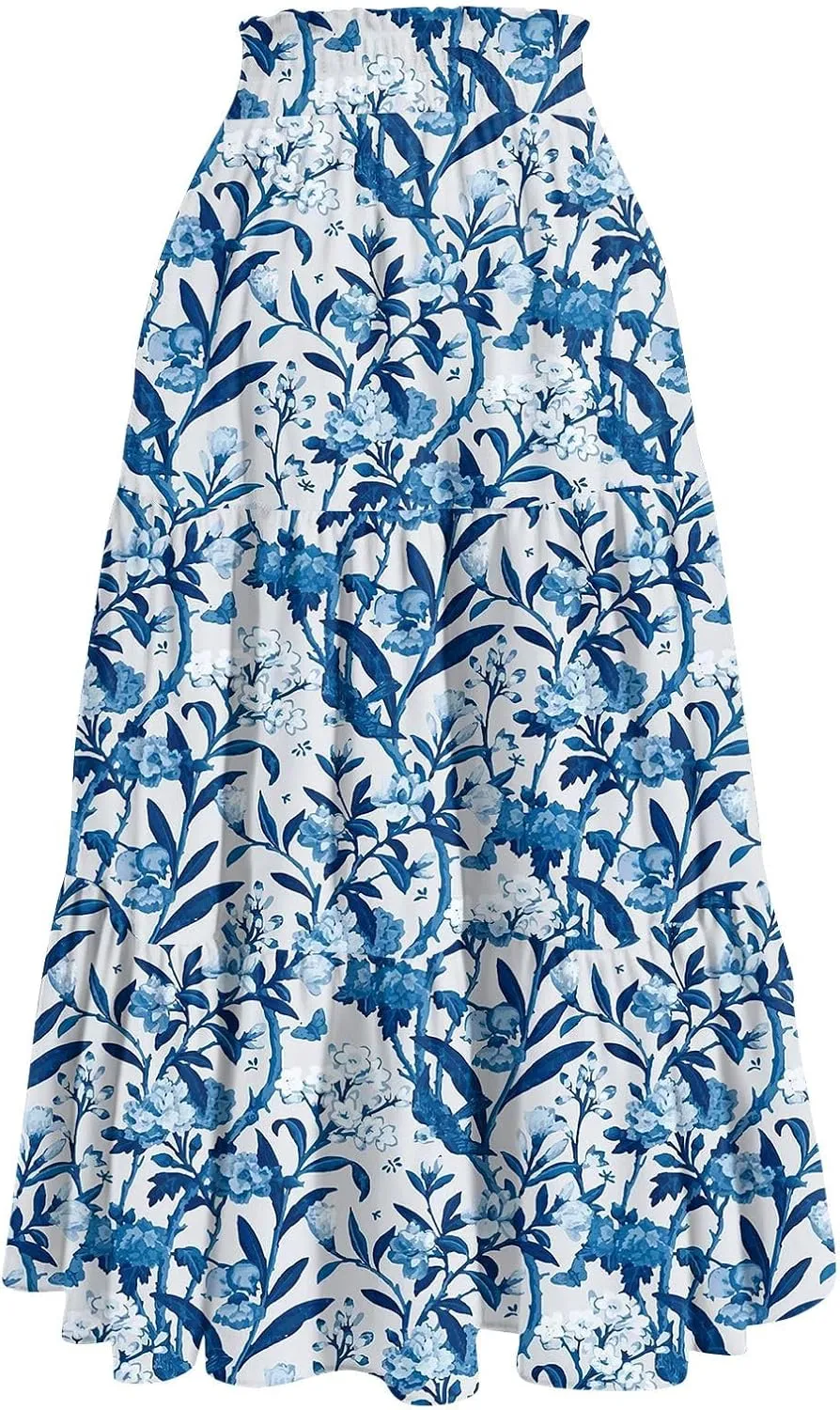 GOFULY Womens Maxi Skirts Long Summer Drawstring Elastic High Waist Cute Skirts A Line Floral Print Pleated Tiered Soft Skirt