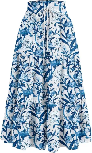 GOFULY Womens Maxi Skirts Long Summer Drawstring Elastic High Waist Cute Skirts A Line Floral Print Pleated Tiered Soft Skirt