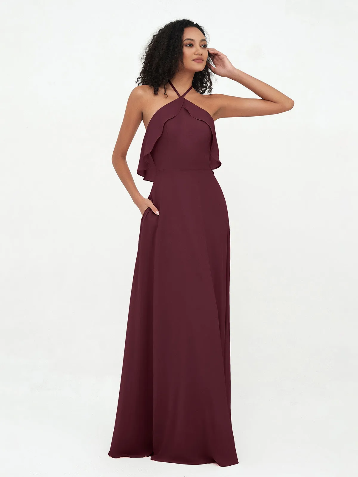 Halter Strap Chiffon Long Bridesmaid Dresses Cabernet Plus Size