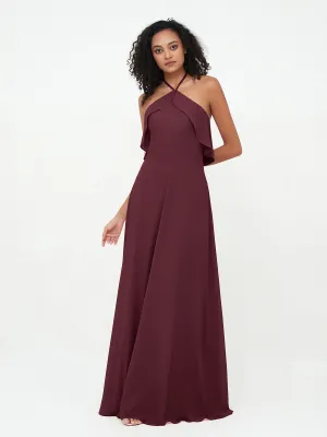Halter Strap Chiffon Long Bridesmaid Dresses Cabernet Plus Size