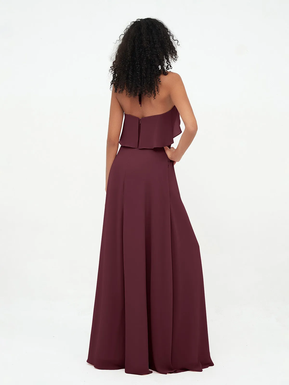 Halter Strap Chiffon Long Bridesmaid Dresses Cabernet Plus Size