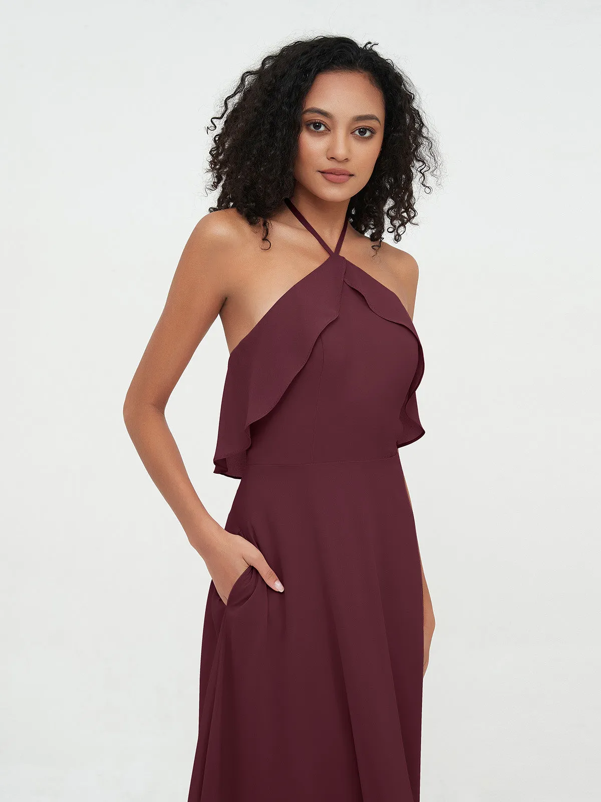 Halter Strap Chiffon Long Bridesmaid Dresses Cabernet Plus Size