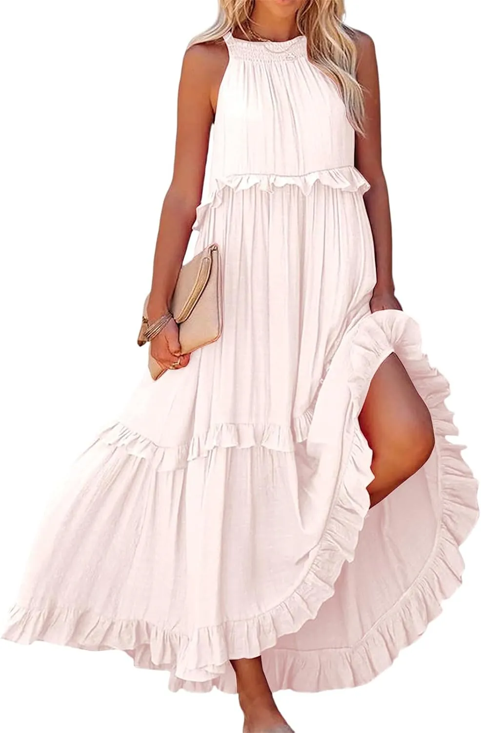 Halter Sundresses for Women Tie Back Loose Fit Ruffle Tiered Maxi Dress Flowy Summer Beach Swing Long Sundress