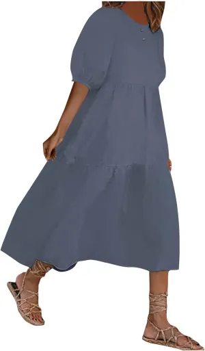 HGps8w Women Loose Boho Dresses 2025 Summer Plus Size Solid Color Puff Short Sleeve Crewneck Cute Midi Sun Dress