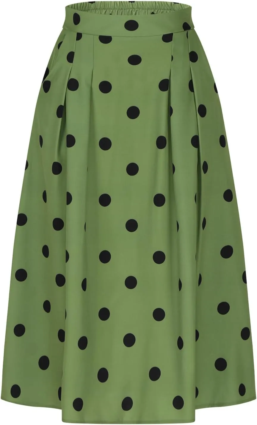 HGps8w Women Vintage Polka Dots Skirt High Waist Pleated Skirt Midi A-Line Business Casual Skirts with Pockets