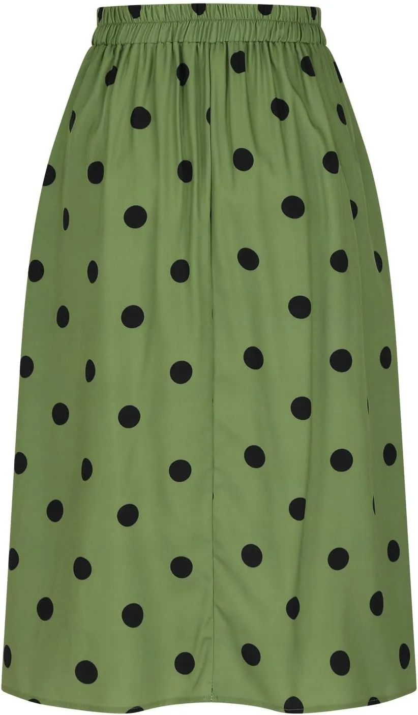 HGps8w Women Vintage Polka Dots Skirt High Waist Pleated Skirt Midi A-Line Business Casual Skirts with Pockets