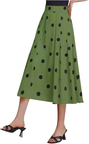 HGps8w Women Vintage Polka Dots Skirt High Waist Pleated Skirt Midi A-Line Business Casual Skirts with Pockets