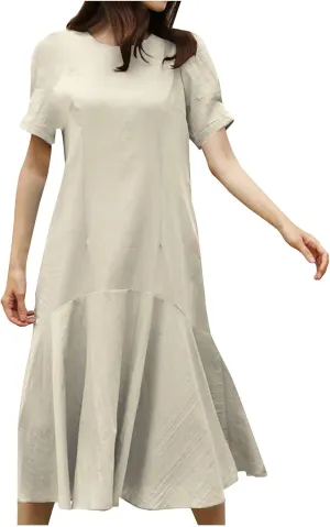 HGps8w Womens Cotton Linen Dress Summer Elegant Solid Color Ruffle Babydoll Dresses Loose Crewneck Casual Beach Sundress