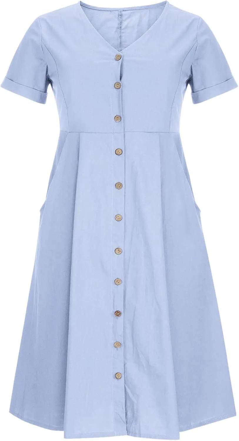 HGps8w Women's Plus Size Cotton Linen Midi Dresses with Pockets Summer Casual Short Sleeve Button Front V Neck Solid Dress