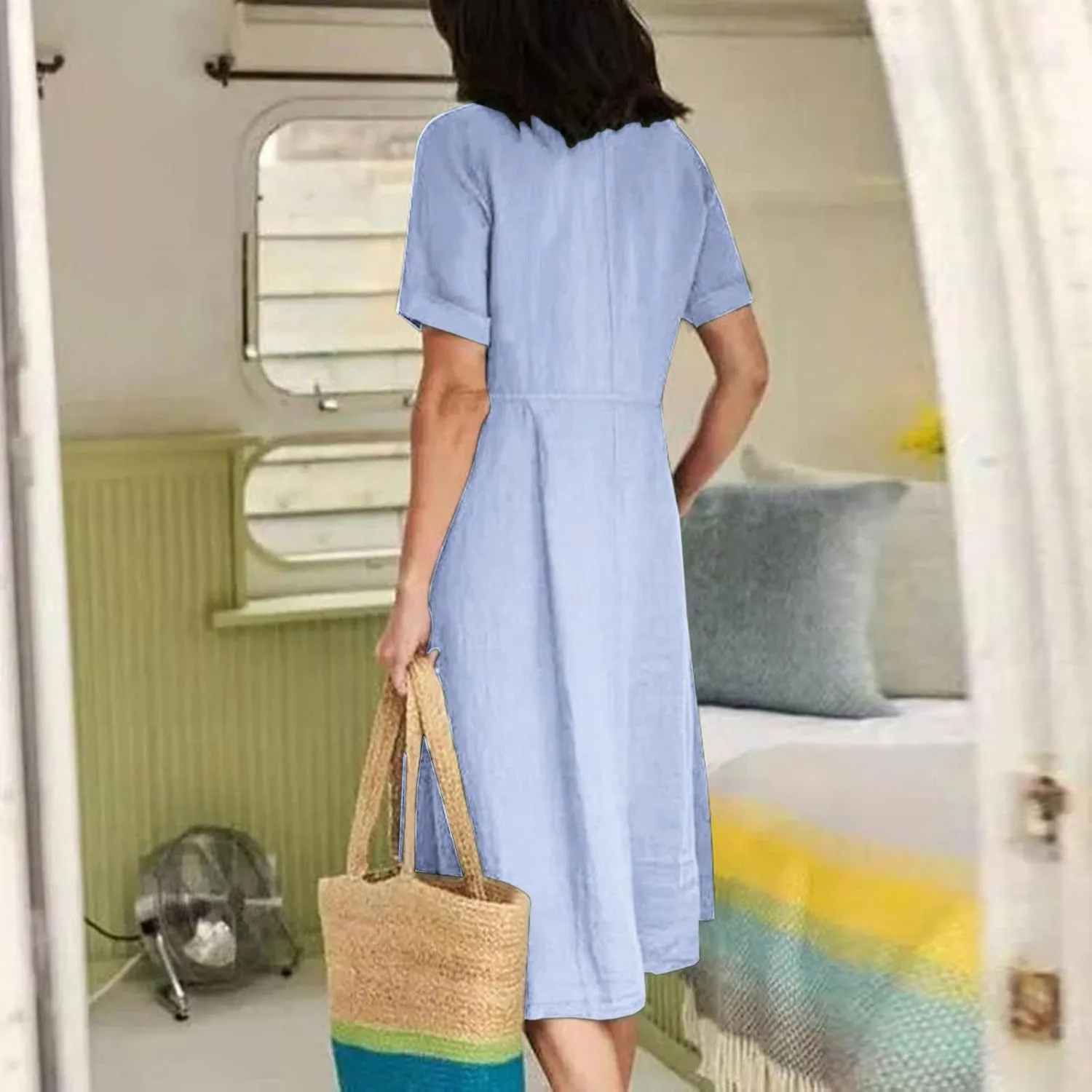 HGps8w Women's Plus Size Cotton Linen Midi Dresses with Pockets Summer Casual Short Sleeve Button Front V Neck Solid Dress