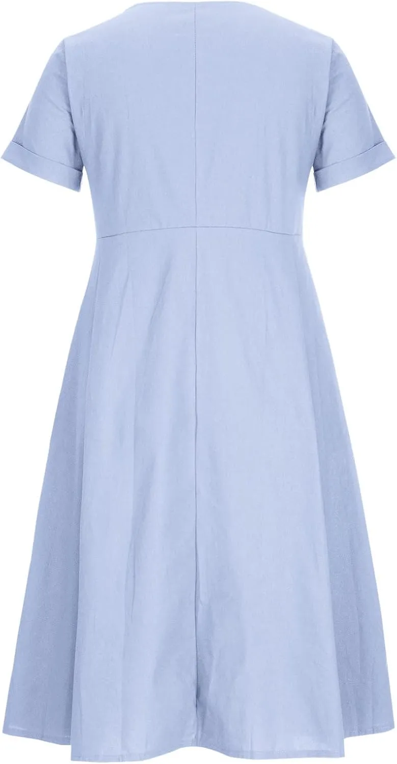 HGps8w Women's Plus Size Cotton Linen Midi Dresses with Pockets Summer Casual Short Sleeve Button Front V Neck Solid Dress