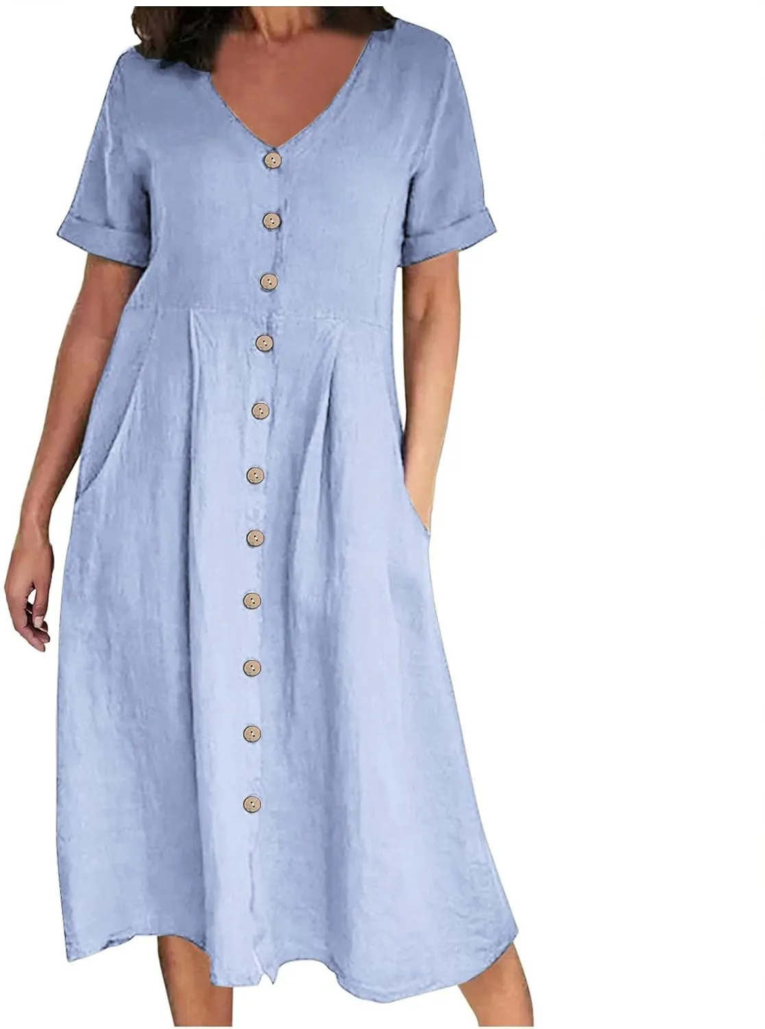 HGps8w Women's Plus Size Cotton Linen Midi Dresses with Pockets Summer Casual Short Sleeve Button Front V Neck Solid Dress