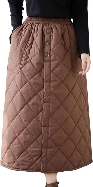 HGps8w Women's Winter Quilted Skirt, Loose Elastic Waist Casual Insulated Thicken Warm Maxi Long Down Skirts with Pockets